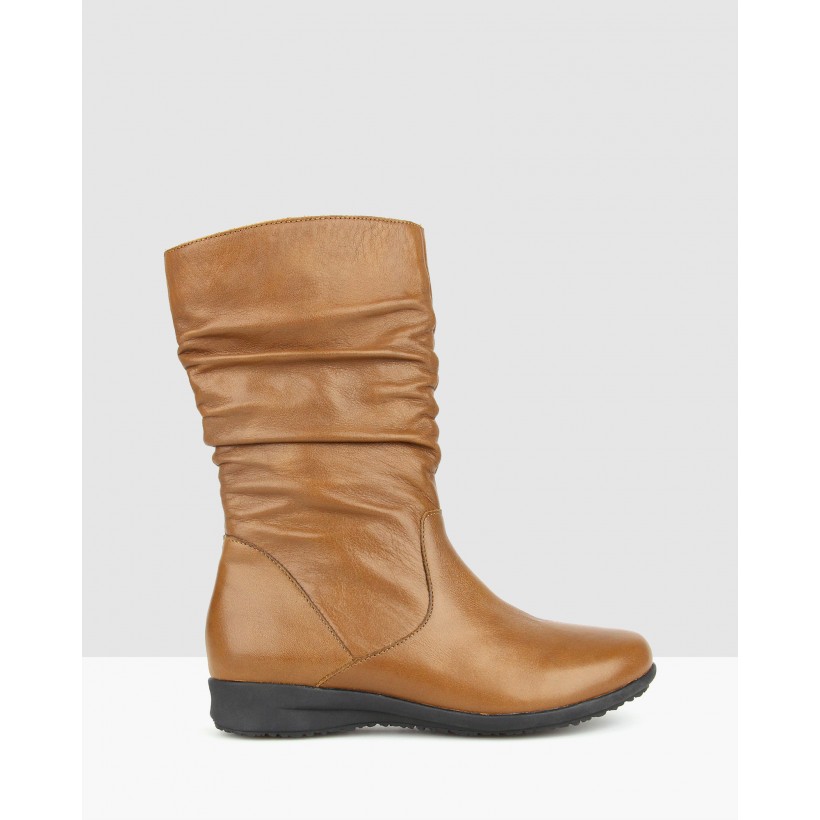 Tara Ruched Leather Calf Boots Tan by Airflex