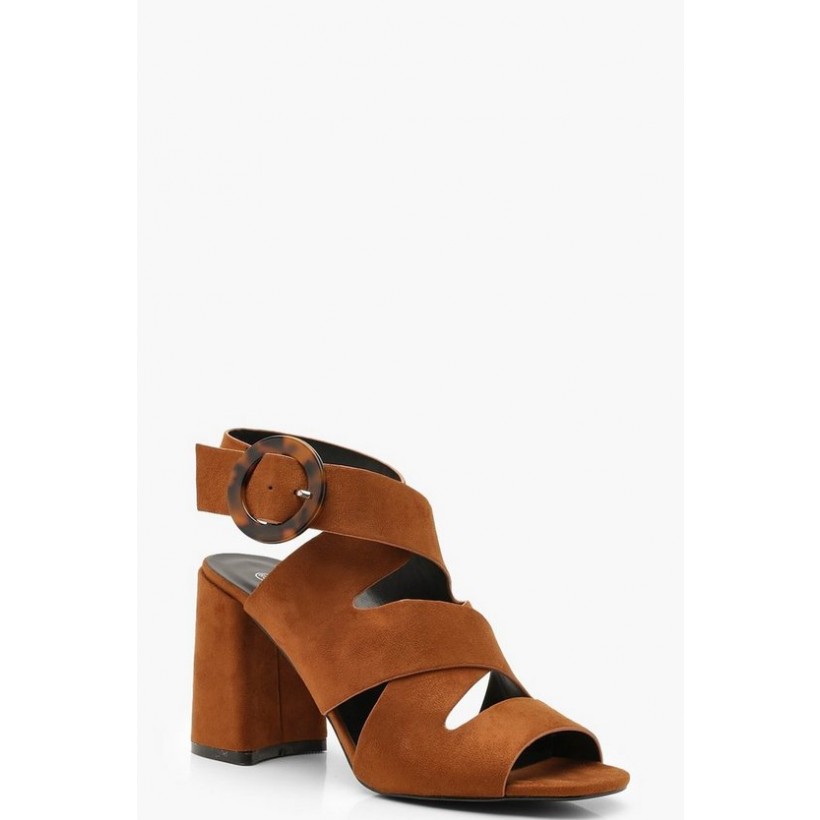 Multi Strap Tortoise Buckle Block Heels in Tan