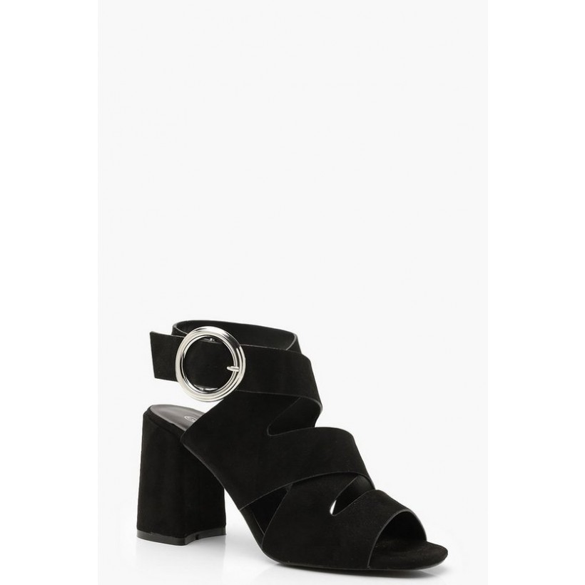 Multi Strap Buckle Detail Block Heels in Black