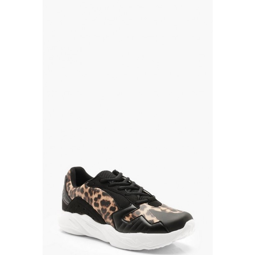 Leopard Panel Chunky Sneakers in Black