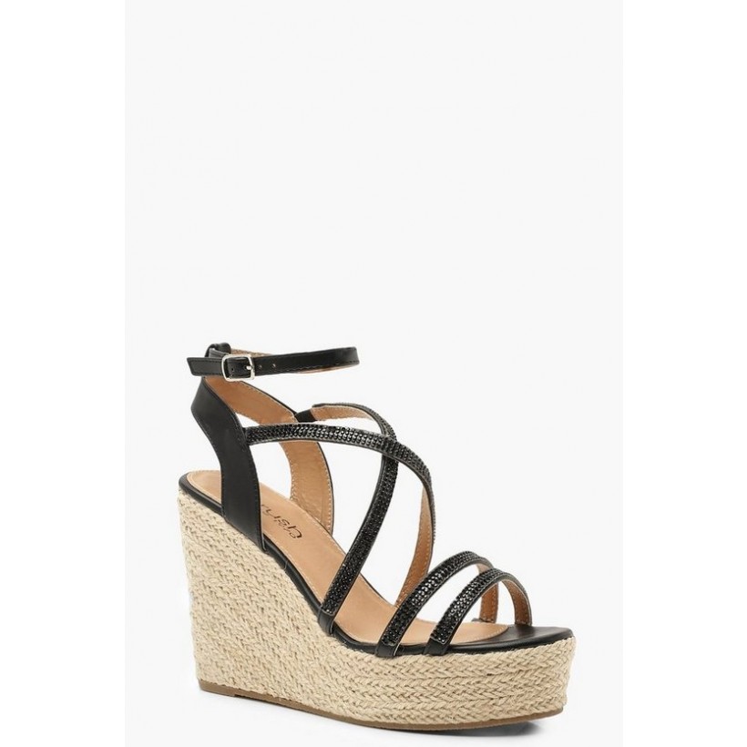 Diamante Strap Espadrille Wedges in Black