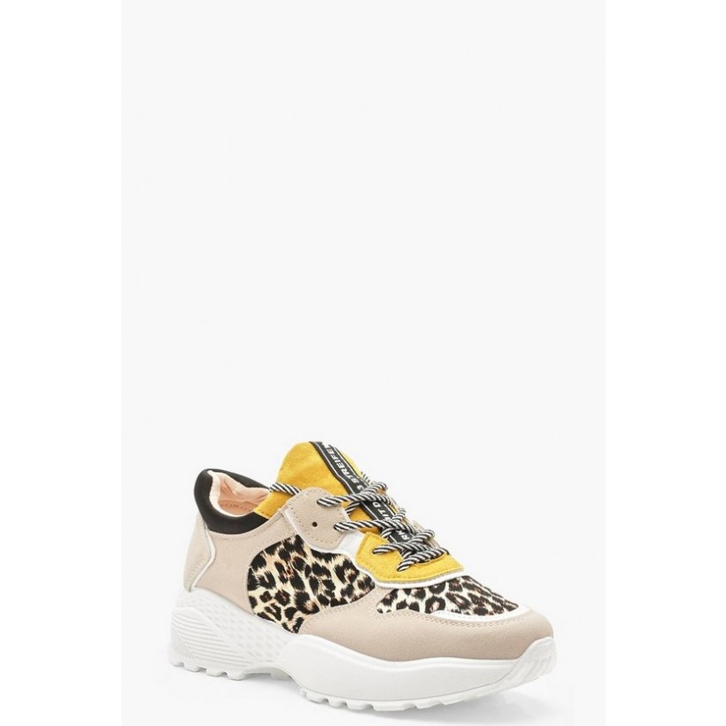 Colour Block Leopard Print Chunky Sneakers in Grey