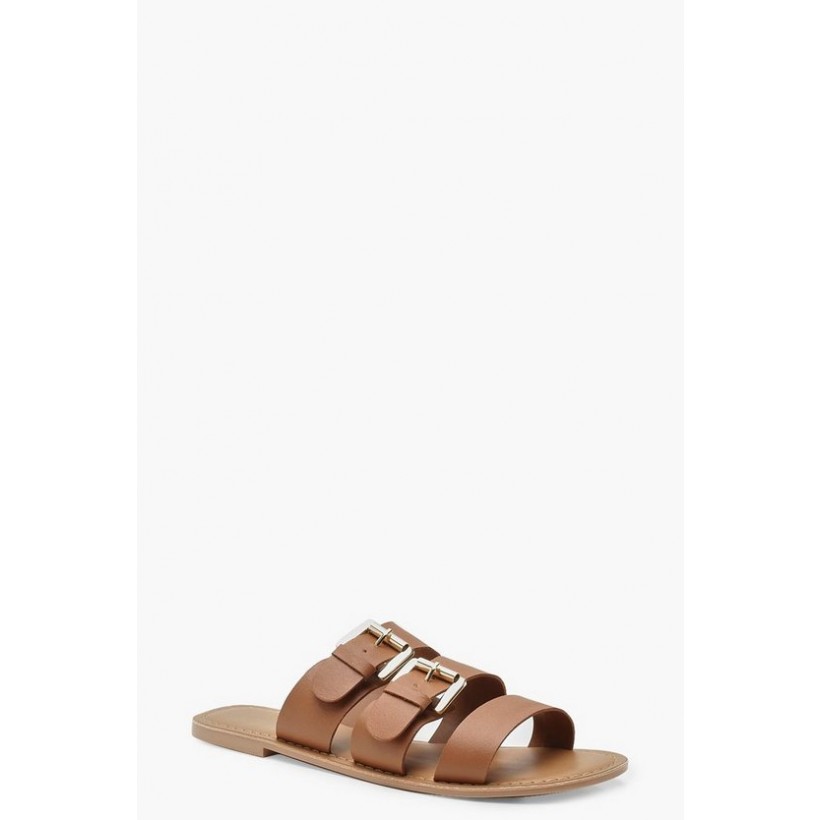 Wide Fit Leather Buckle Sliders in Tan