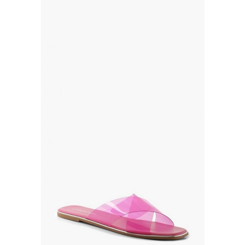 Neon Clear Cross Front Square Toe Sliders in Pink