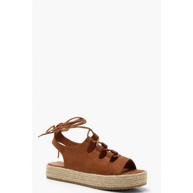 Lace Up Espadrille Flatforms in Tan