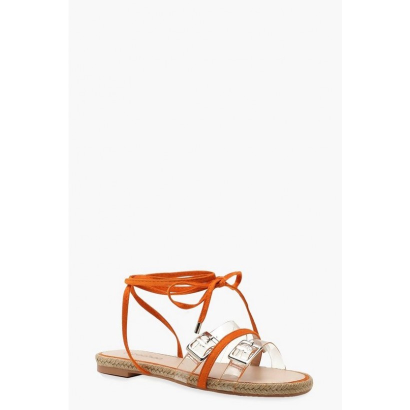 Clear Strap Wrap Espadrille Sandals in Orange