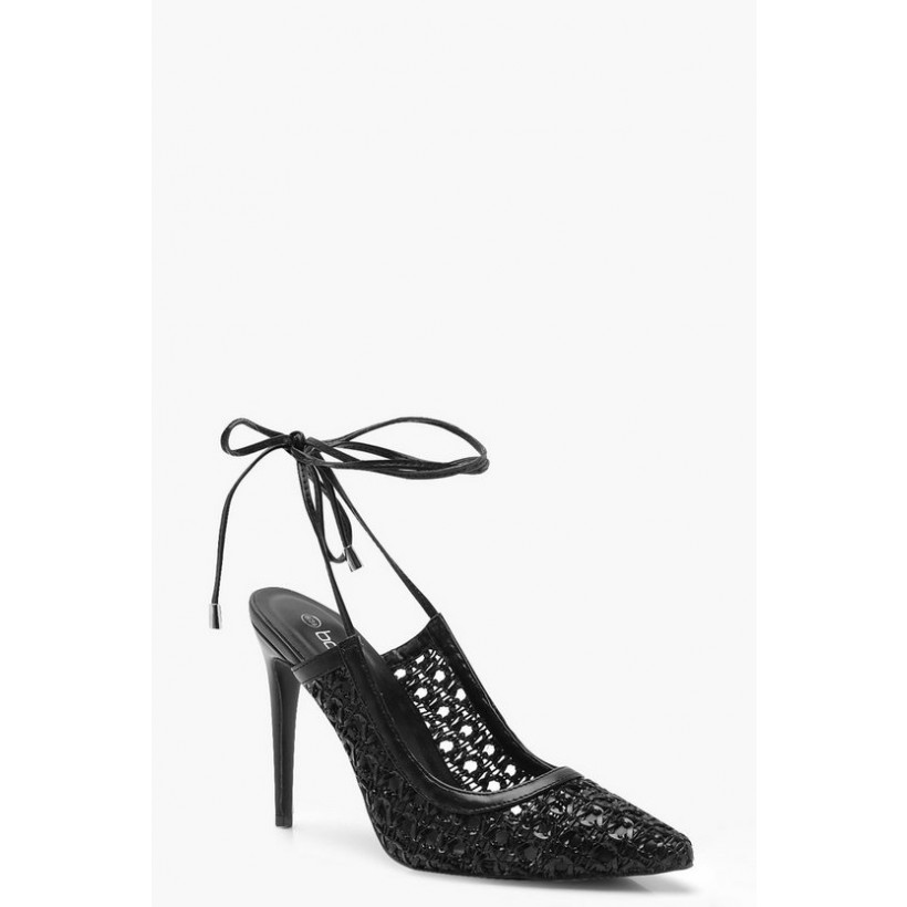 Woven Wrap Pointed Court Shoes in Black