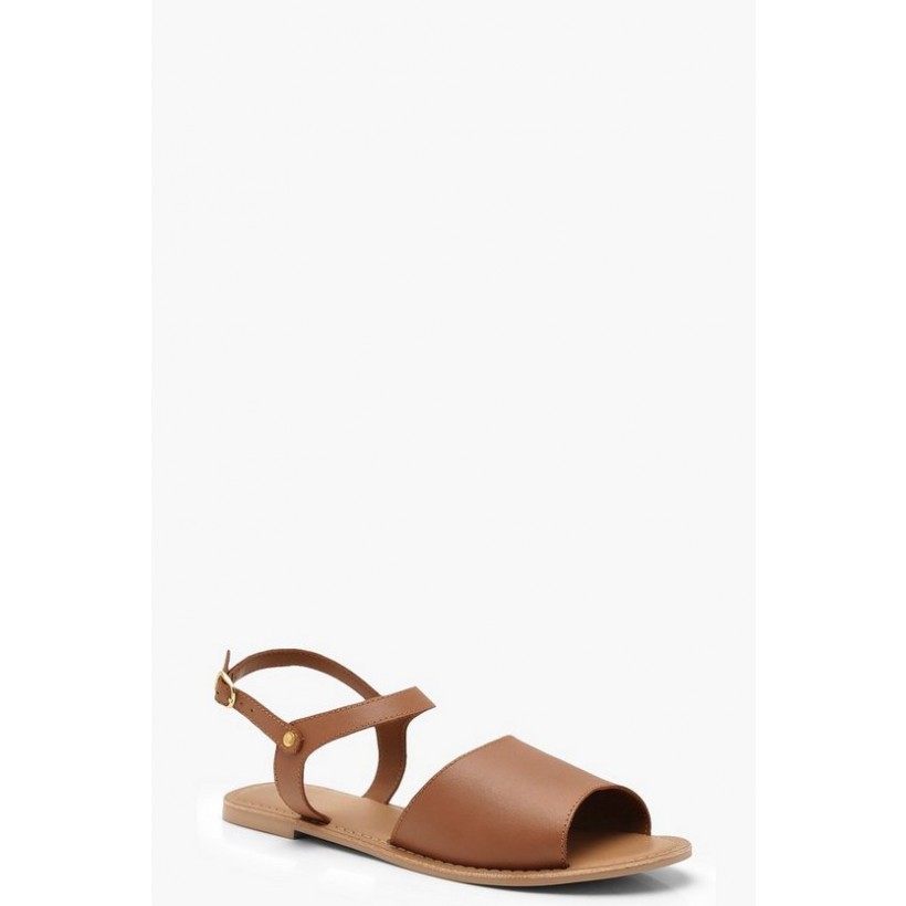 Peeptoe Ankle Strap Leather Flat Mule Sandals in Tan