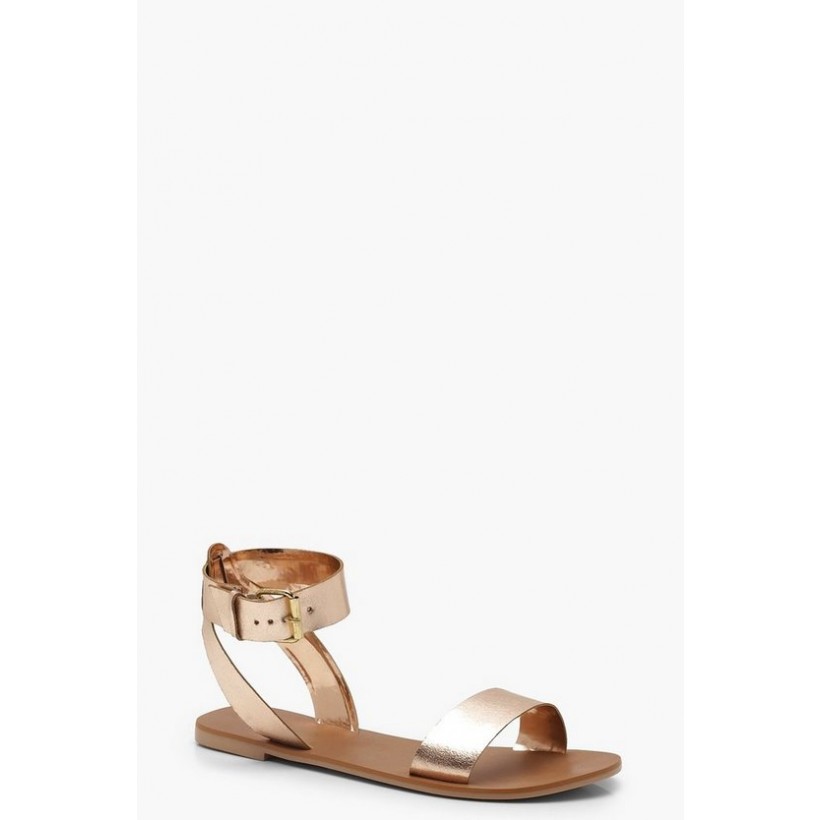 Two Part Ankle Strap Leather Sandals in Rose Gold