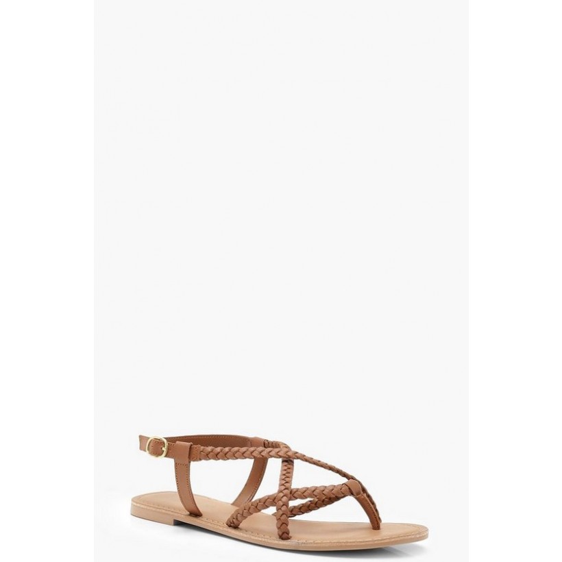 Plaited Cross Strap Leather Sandals in Tan