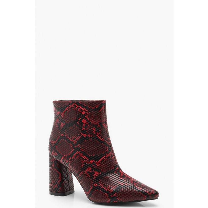 Snake Block Heel Pointed Shoe Boots in Red