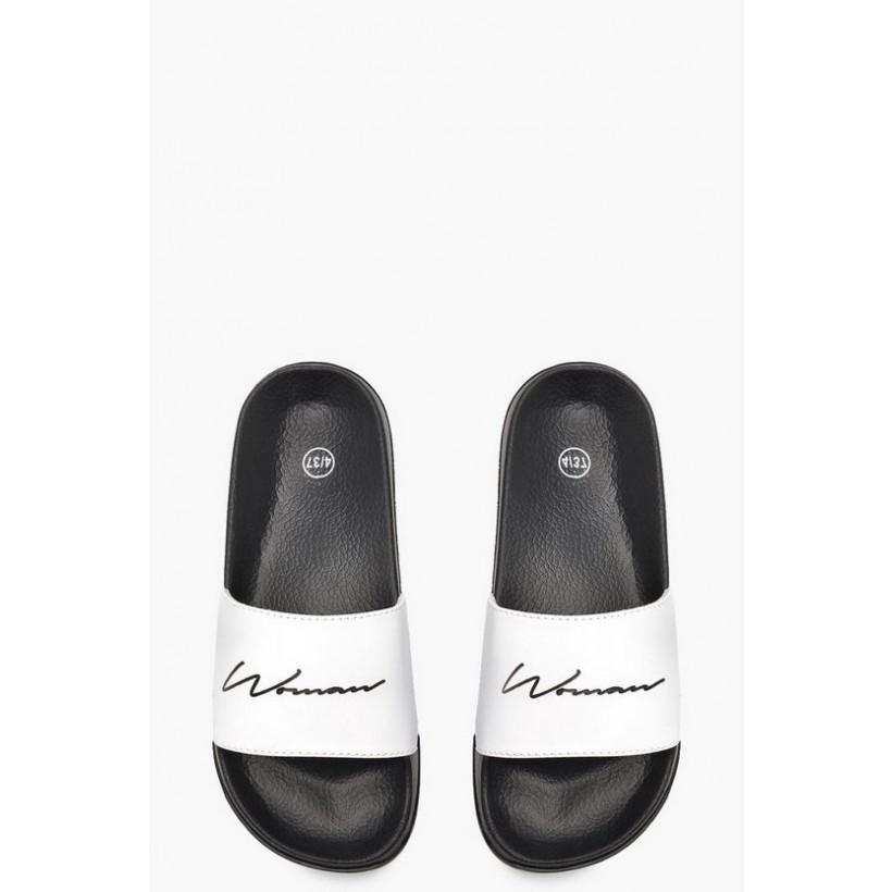 Woman Slogan Sliders in Black