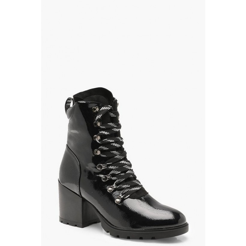High Patent Chunky Hiker Boots in Black