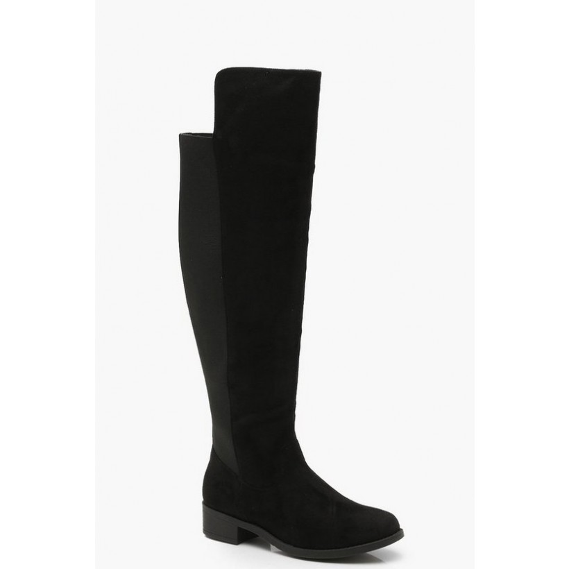 Wide Fit Elastic Back Flat Knee High Boots in Black