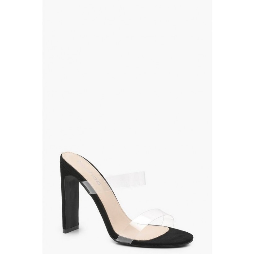 Double Clear Band Mule Heels in Black