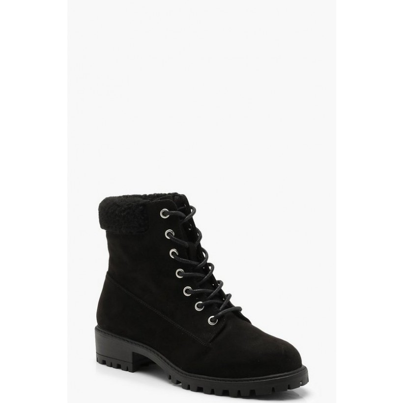 Shearling Collar Hiker Boots in Black