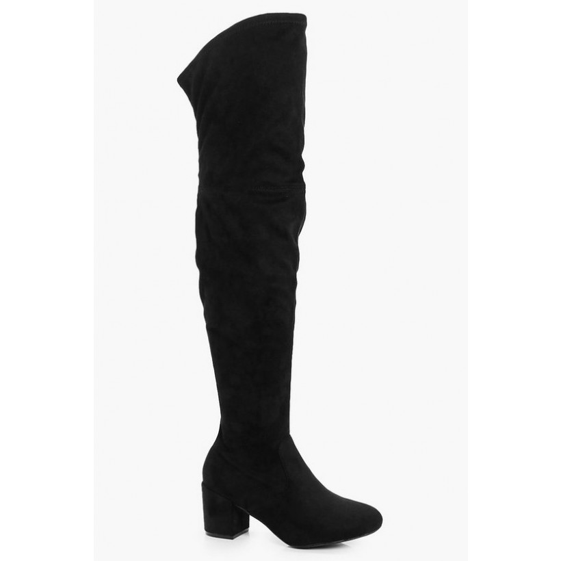 Extra Wide Fit Block Heel Over The Knee Boots in Black