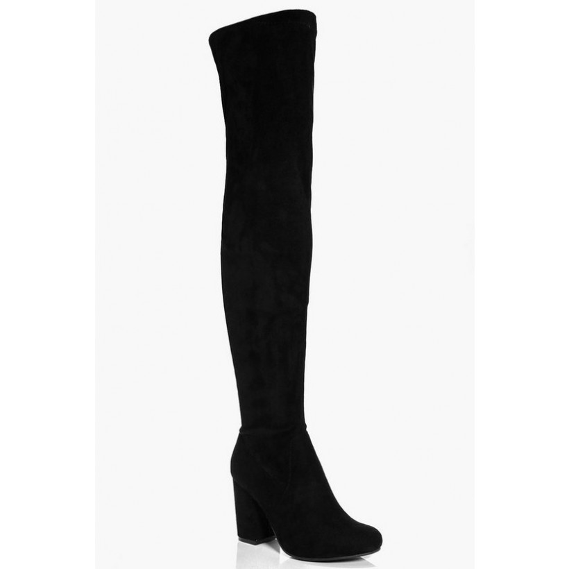 Eloise Block Heel Thigh High Boots in Black