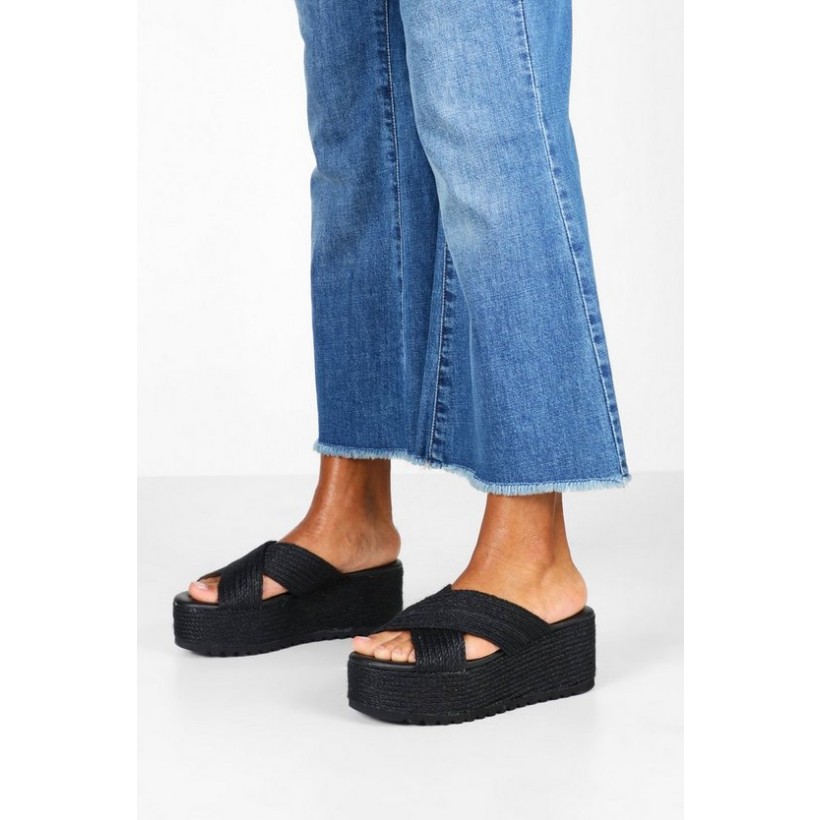 Cross Front Espadrille Flatforms in Black