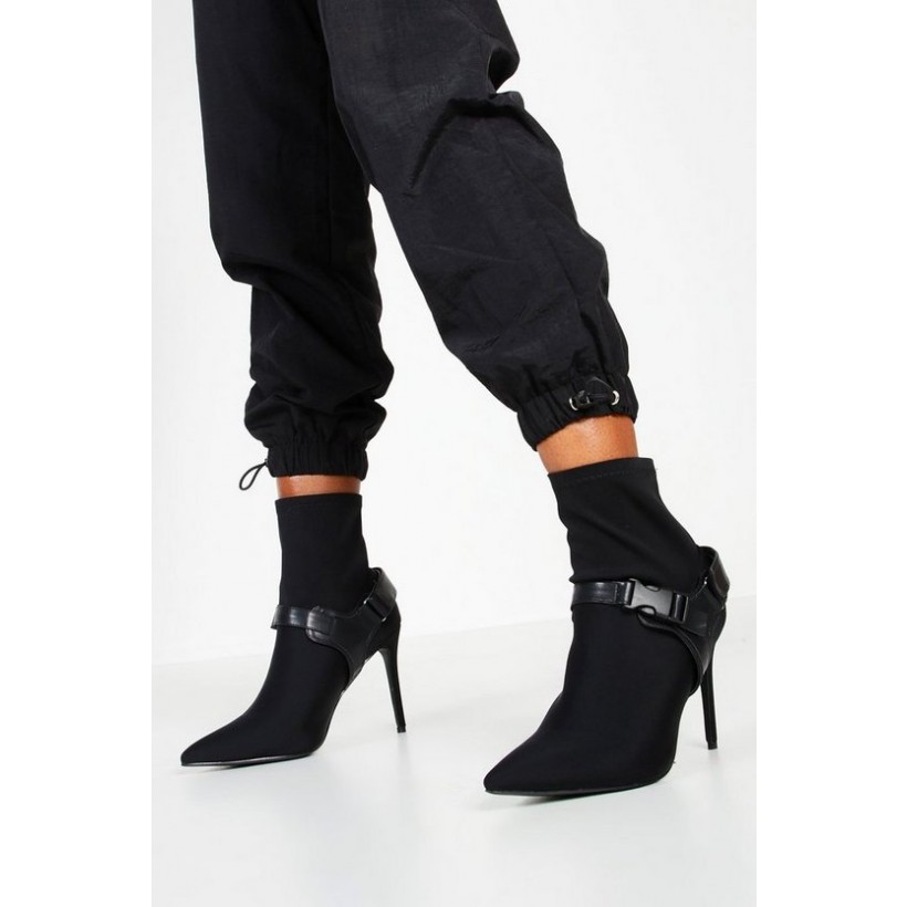 Buckle Strap Stiletto Heel Sock Boots in Black