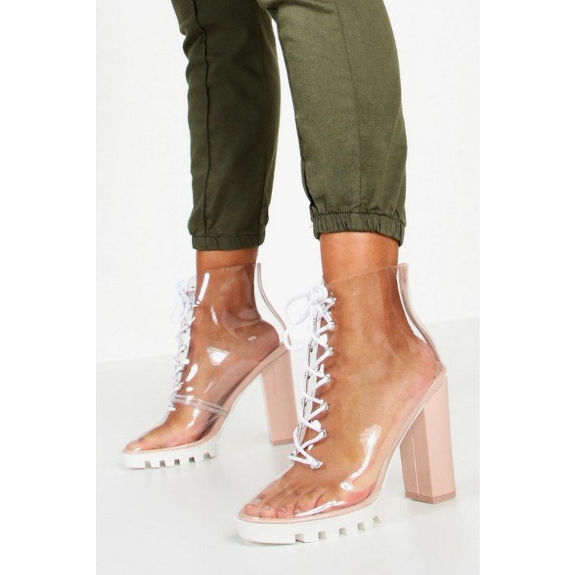 Clear Lace Up Block Heel Hiker Boots in Nude