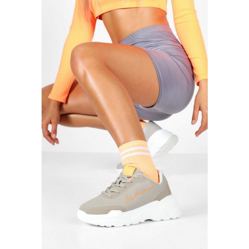 Embroidered Woman Slogan Chunky Trainers in Grey