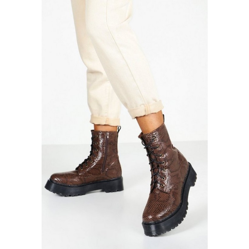 Snake Chunky Platform Hiker Boots in Brown