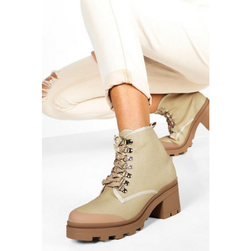 Canvas Block Heel Chunky Hiker Boots in Beige