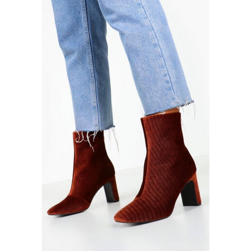 Cord Low Heel Shoe Boots in Brown