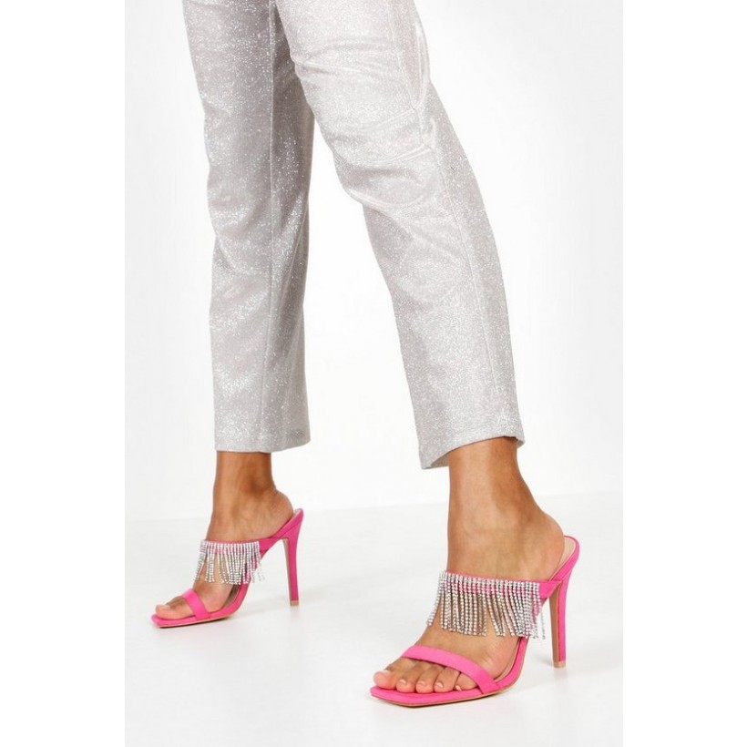 Embellished Fringe Stiletto Mules in Hot Pink