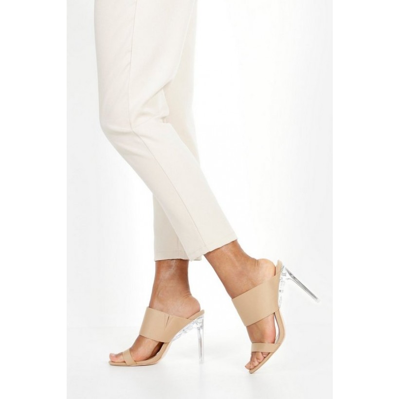 Double Clear Heel Mules in Beige