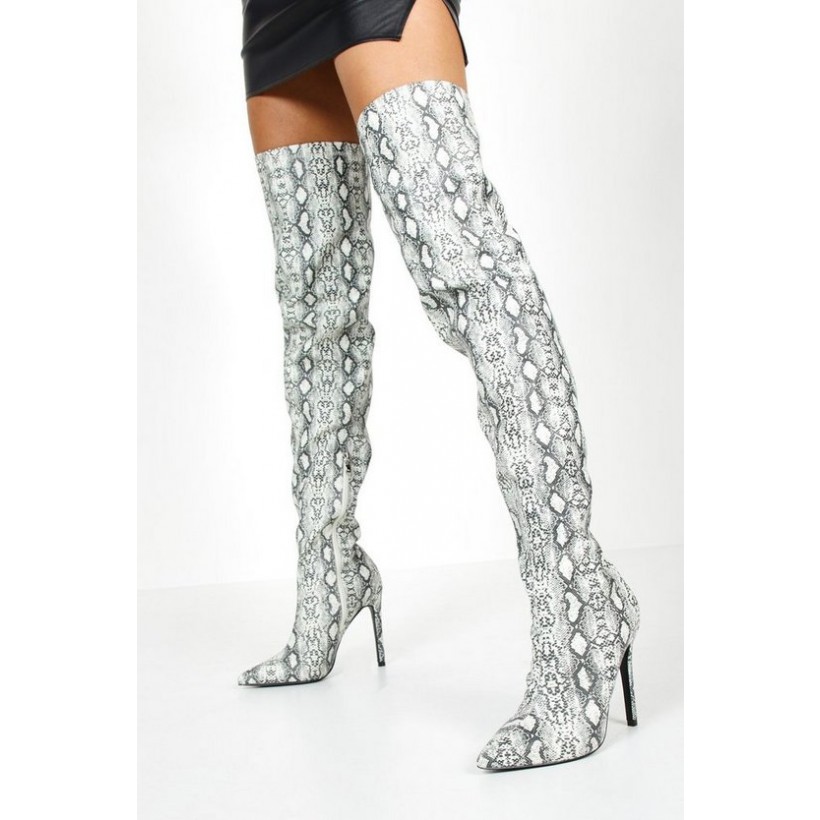 Reflective Snake Thigh High Boots in Grey