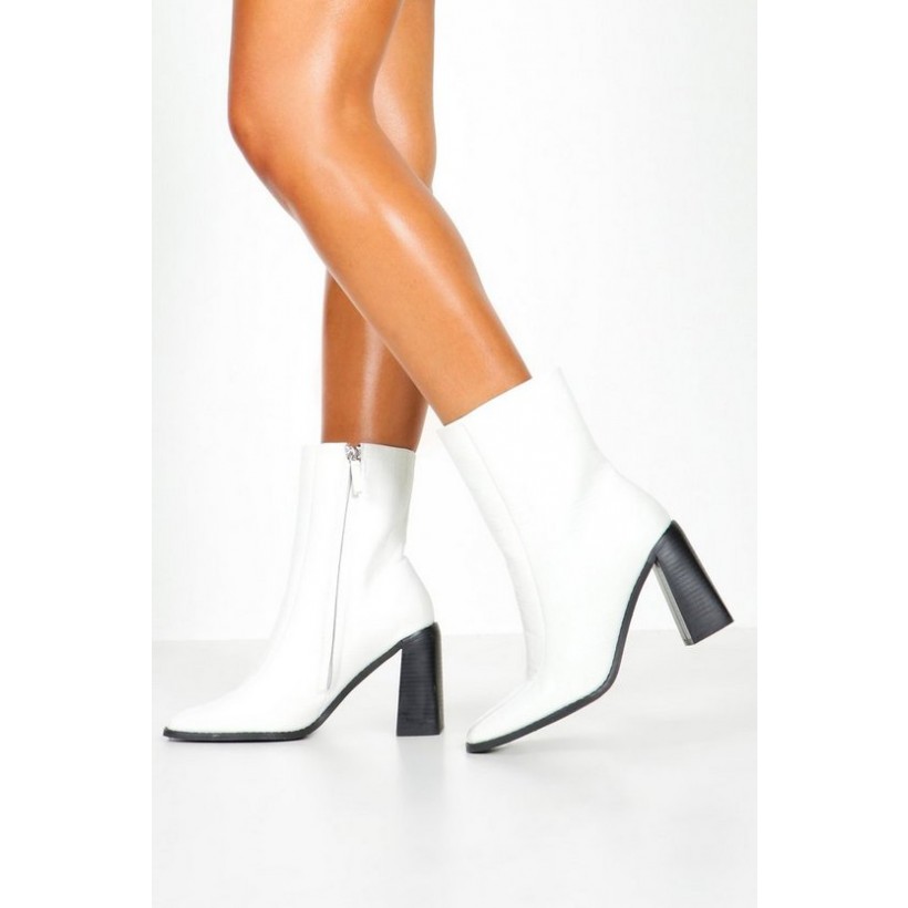 Wide Fit Croc Square Toe Block Heel Sock Boots in White