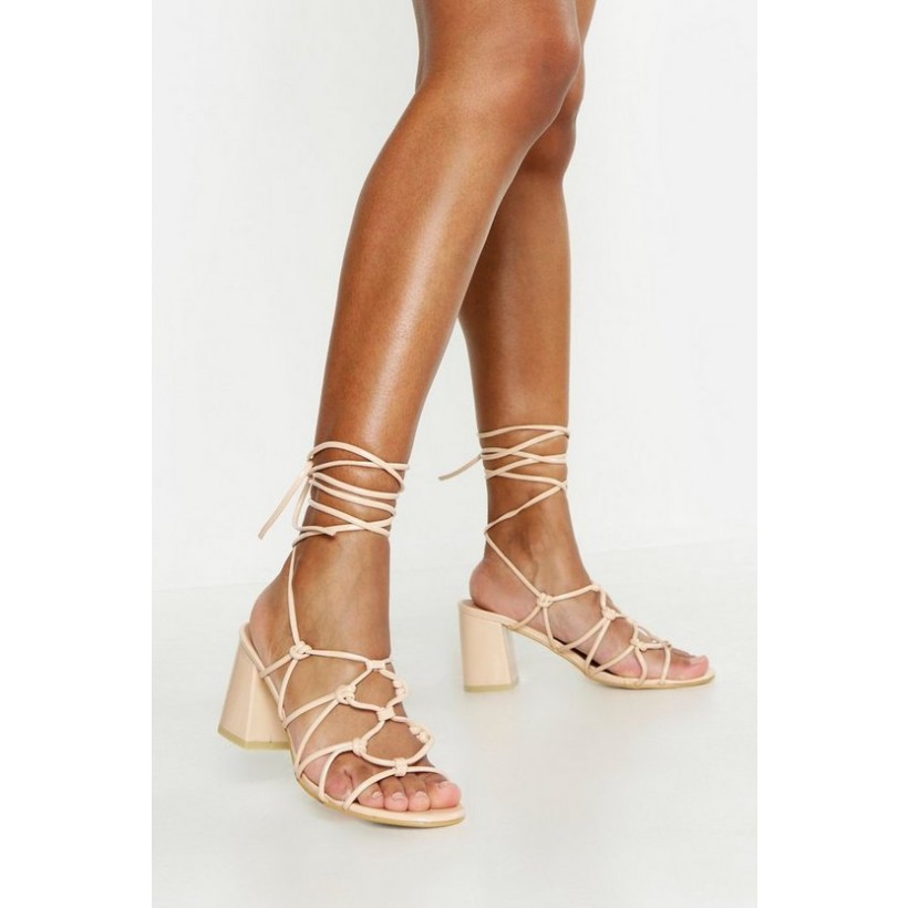 Caged Wrap Strap Low Block Heels in Nude