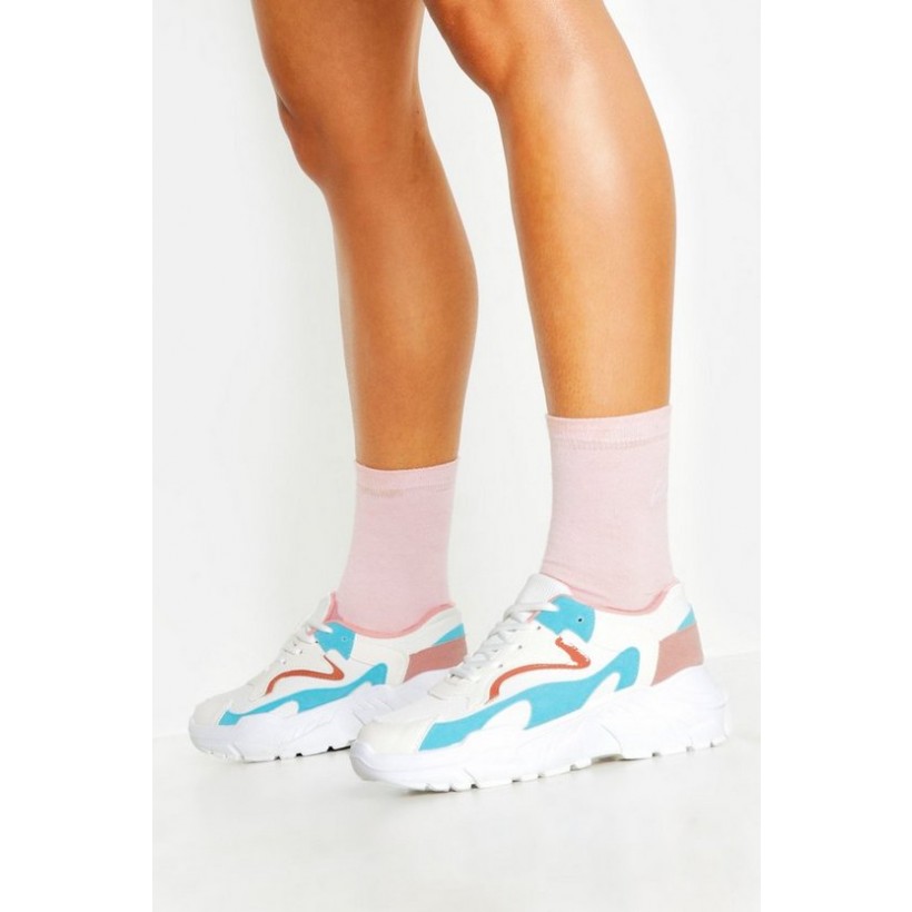 Colourblock Panel Chunky Sole Lace Up Sneakers in Blue