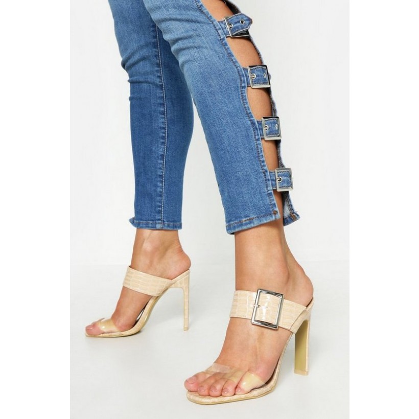 Croc Patent Buckle Flat Heel Mules in Nude