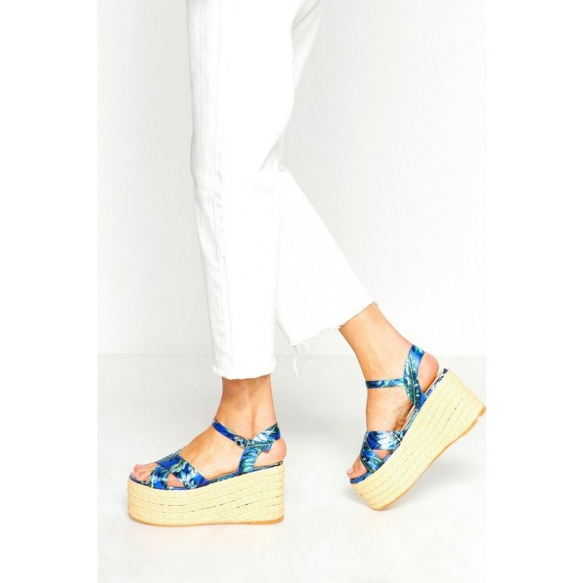 Tropical Print Woven Flatforms in Blue