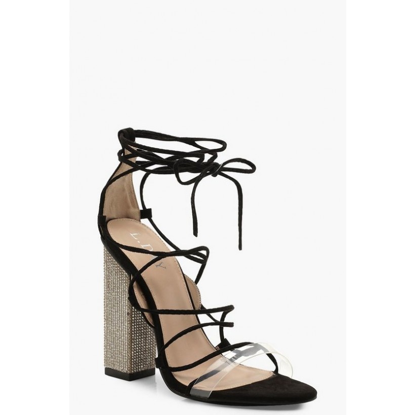 Embellished Block Heel Lace Sandals in Black