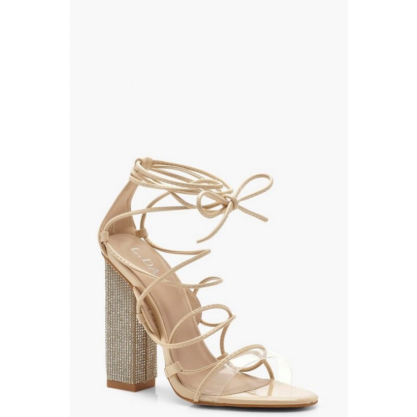 Embellished Block Heel Lace Sandals in Nude