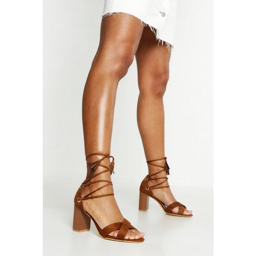 Extra Wide Fit Lace Up Block Heels in Tan