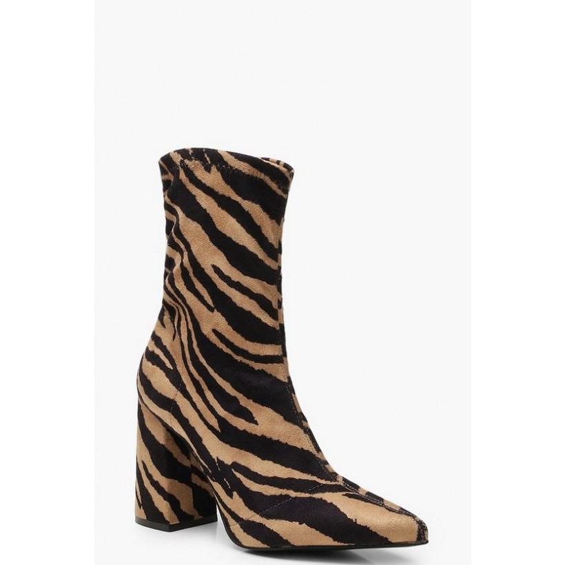 Tiger Block Heel Sock Boots in Brown