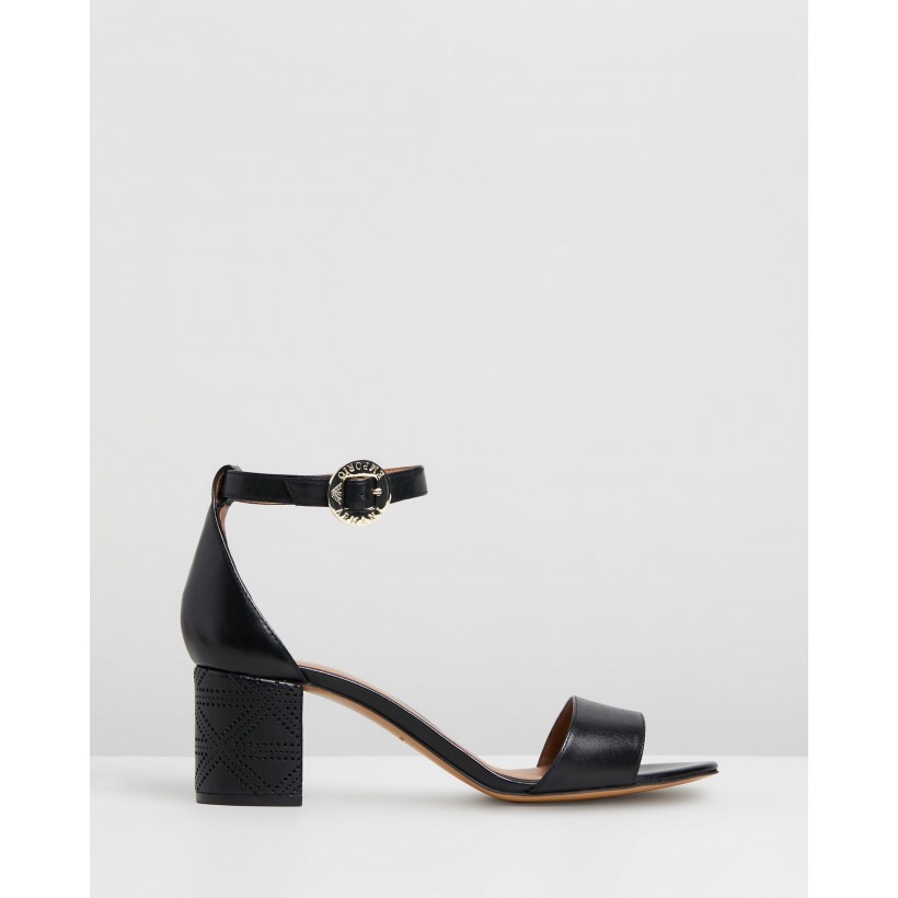 Leather Sandals With Perforated Triangle Motif Heels Black by Emporio Armani