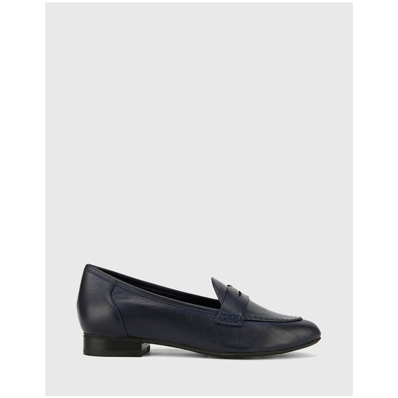 Austin Leather Almond Toe Flat Penny Loafers Black by Wittner