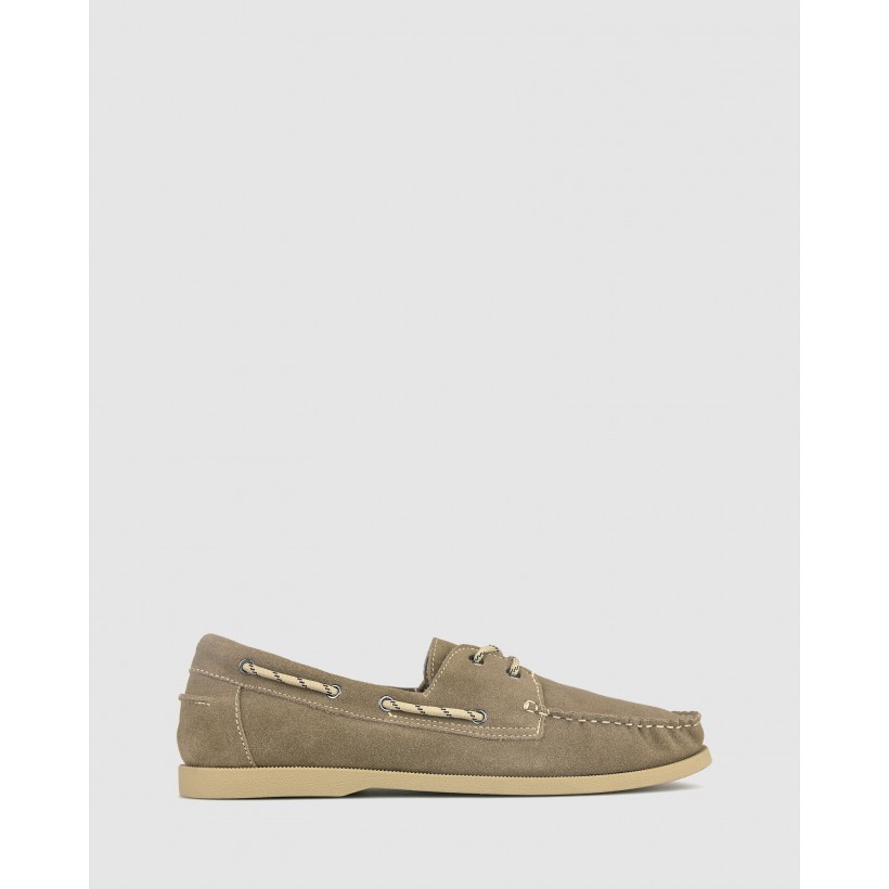 Beachy Suede Leather Boat Shoes Taupe by Zu