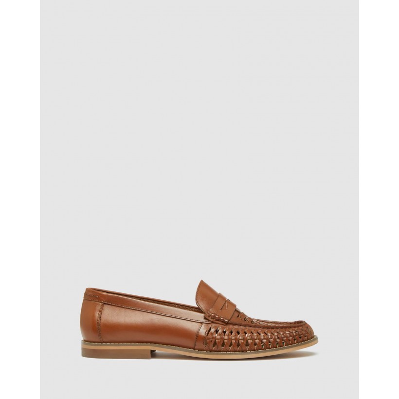 Bert Leather Woven Slip On Shoes Tan by Oxford