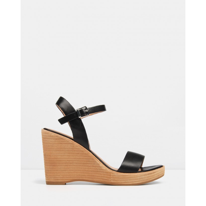 Bora Wedge Sandals Black Leather by Jo Mercer