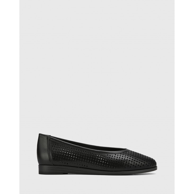 Coraline Perforated Leather Stack Heel Flats Black by Wittner