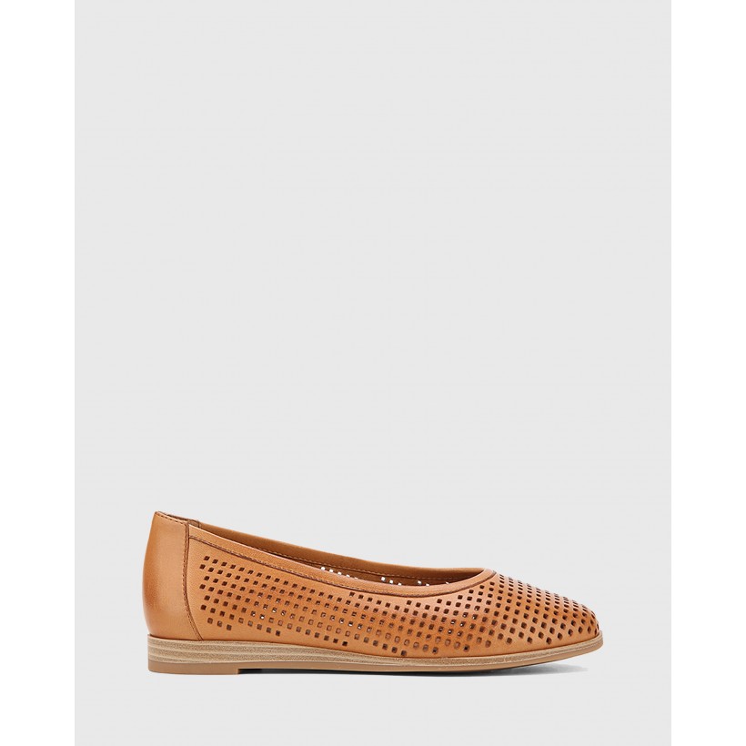 Coraline Perforated Leather Stack Heel Flats Tan by Wittner