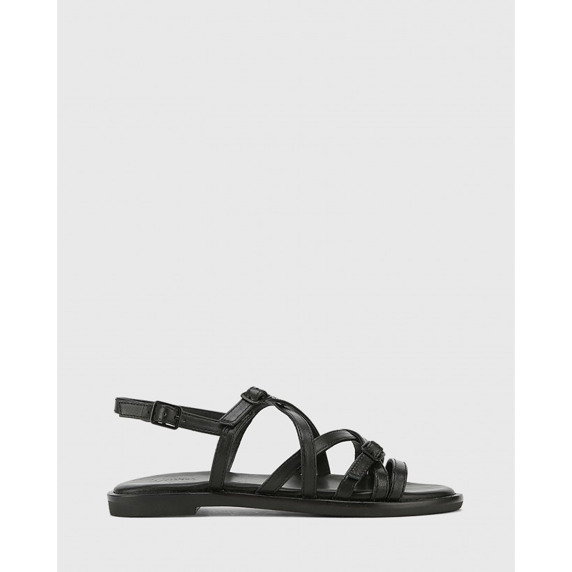 Cordelia Leather Buckle Strap Flat Sandals Black by Wittner