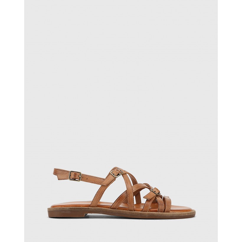 Cordelia Leather Buckle Strap Flat Sandals Tan by Wittner